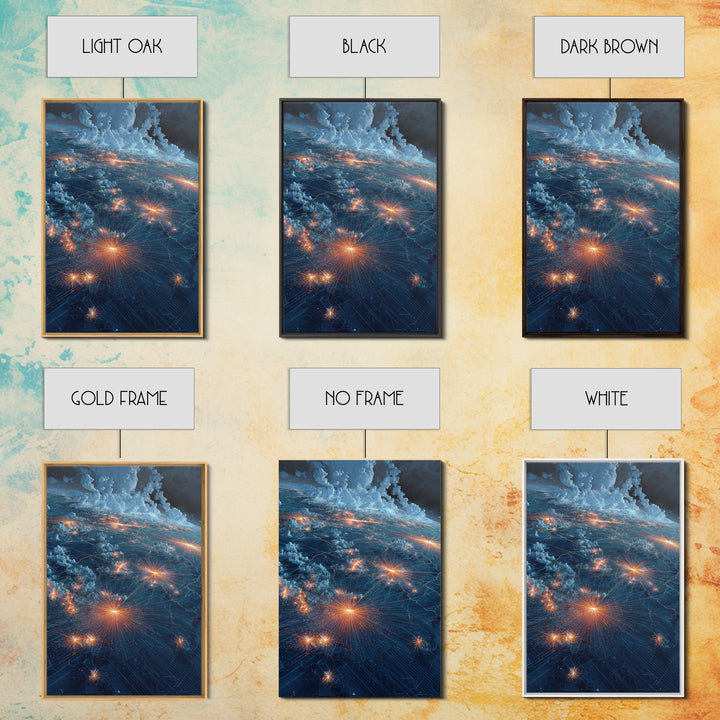 Stormy Earth Lights From Orbit Wall Art, Modern Abstract Space Print, Sci Fi City Map Poster, Blue Office Living Room Decor Gift