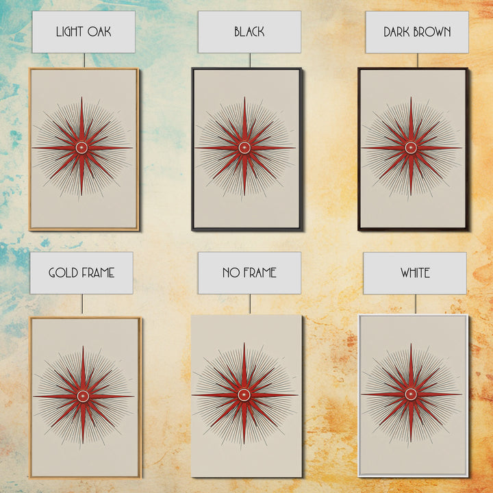 Red Compass Starburst Abstract Canvas Print, Mid Century Modern Art, Atomic Retro Poster, Geometric Wall Art, Minimalist Decor