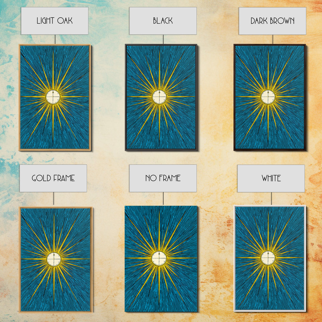 Radiant Atomic Clock Sunburst Wall Art, Midcentury Modern Art Print, Retro Sci Fi Poster, Blue Yellow MCM Decor For Office