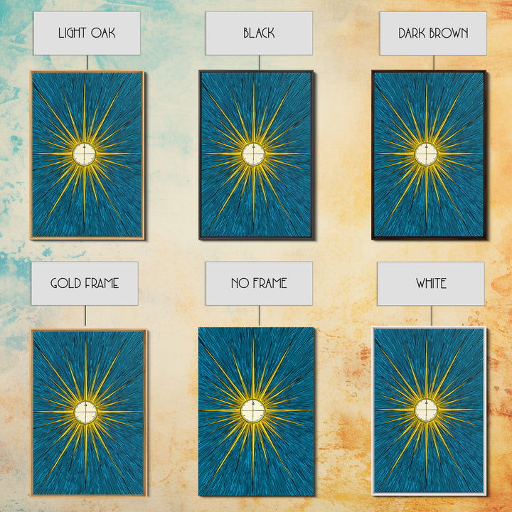 Radiant Atomic Clock Sunburst Wall Art, Midcentury Modern Art Print, Retro Sci Fi Poster, Blue Yellow MCM Decor For Office