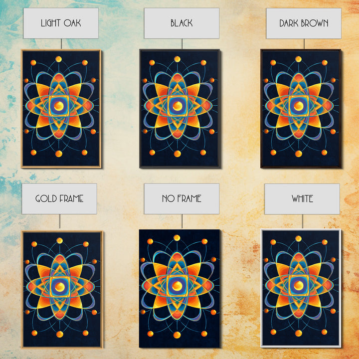 Colorful Atomic Mandala Framed Canvas Print, Midcentury Modern Wall Art, Geometric Sci Fi Poster, Retro Office Decor Gift