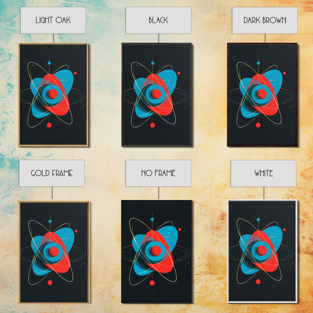 Modern Red Blue Atom Canvas Print, Midcentury Modern Art, Atomic Retro Wall Decor, Space Abstract Poster For Living Room