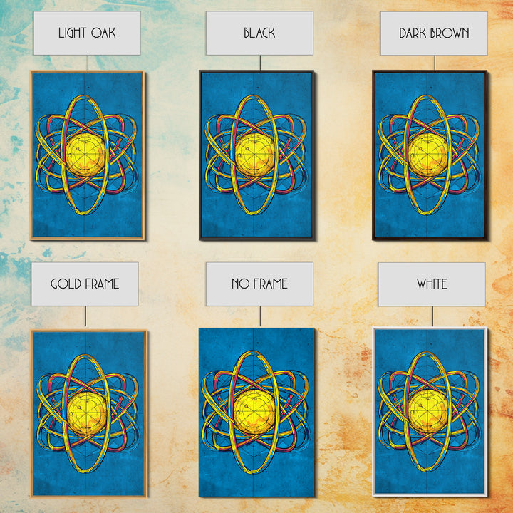 Electric Blue Atom Framed Canvas Print, Midcentury Modern Wall Art, Retro Science Poster, Yellow Orb Decor For Home Office