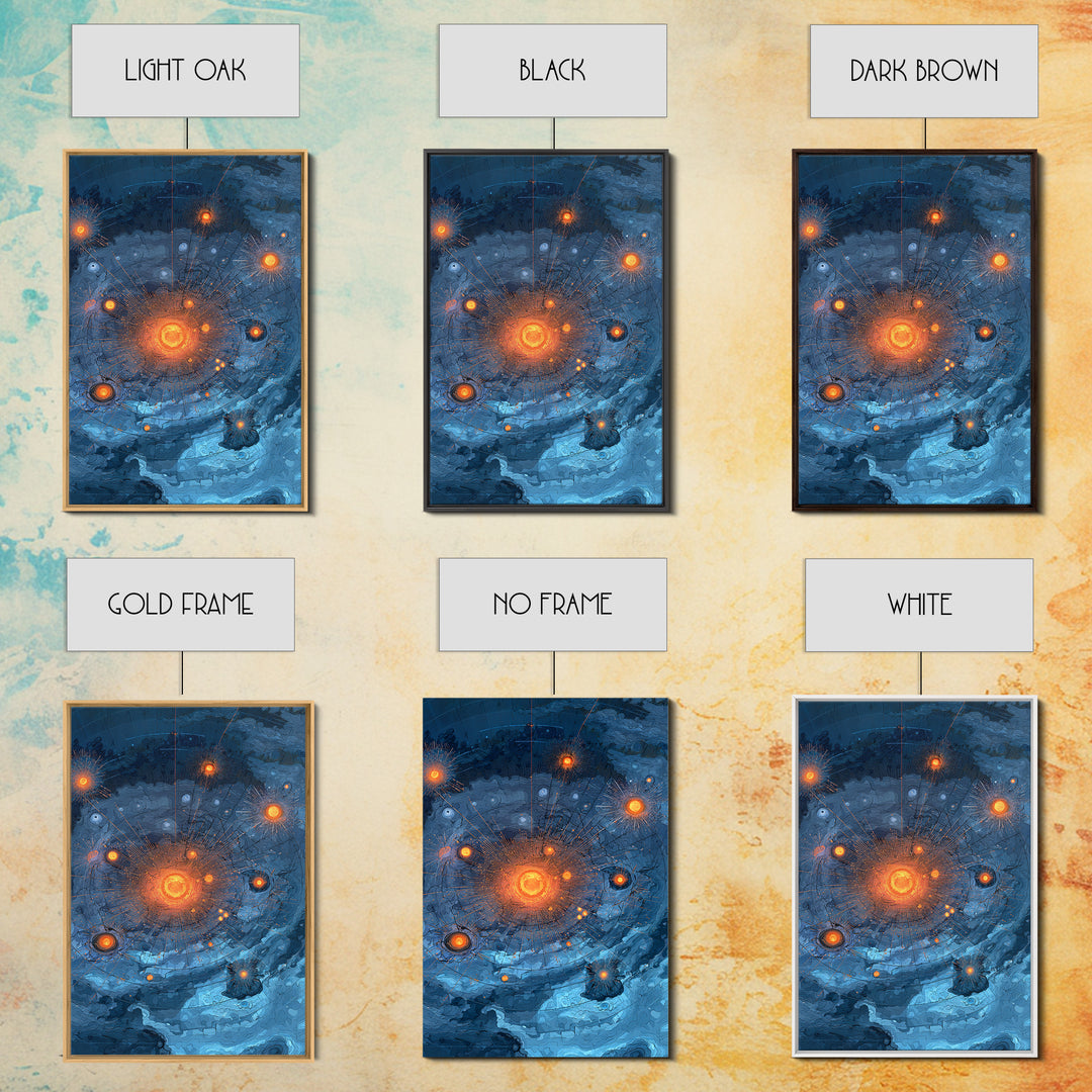 Blue Orange Planetary Orbit Canvas Print, Midcentury Modern Abstract Space Art, Atomic Poster, Geometric Office Decor Gift
