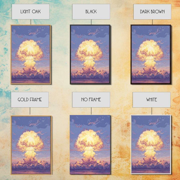 Glowing Nuclear Mushroom Cloud Over Ocean Wall Art, Retro Sci Fi Poster, Atomic Sunset Print, Dramatic Modern Wall Decor