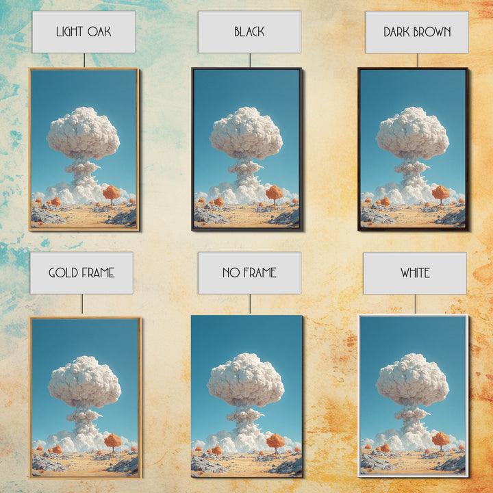 White Mushroom Cloud In Desert Landscape Framed Canvas Print, Surreal Atomic Art, Modern Wall Decor, Blue Sky Poster Print