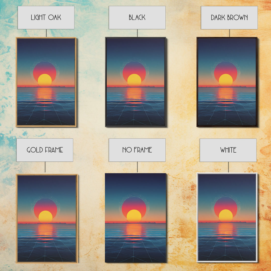 Neon Sunset Over Ocean Grid Wall Art, Synthwave Retro Poster, Vaporwave Modern Wall Decor, 80s Digital Art Print, Futuristic Decor