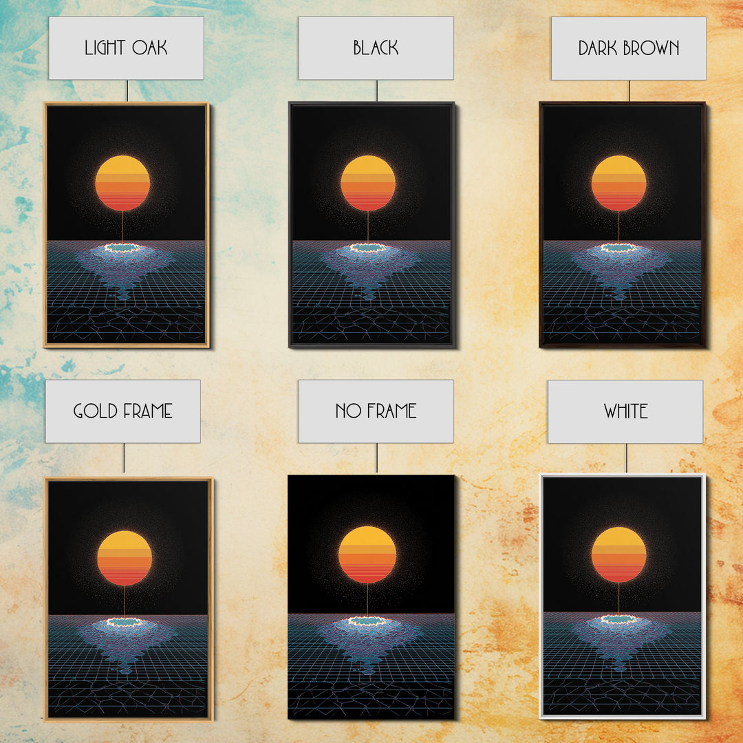 Minimal Retro Sun Over Digital Grid Canvas Print, Black Sci Fi Wall Art, Vaporwave Poster, Modern Geometric Decor Print Gift