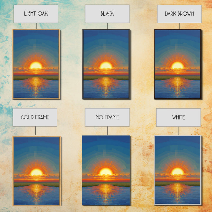 Golden Sunrise Over Calm Water Wall Art, Pixel Style Midcentury Poster, Modern Abstract Landscape, Living Room Decor Print