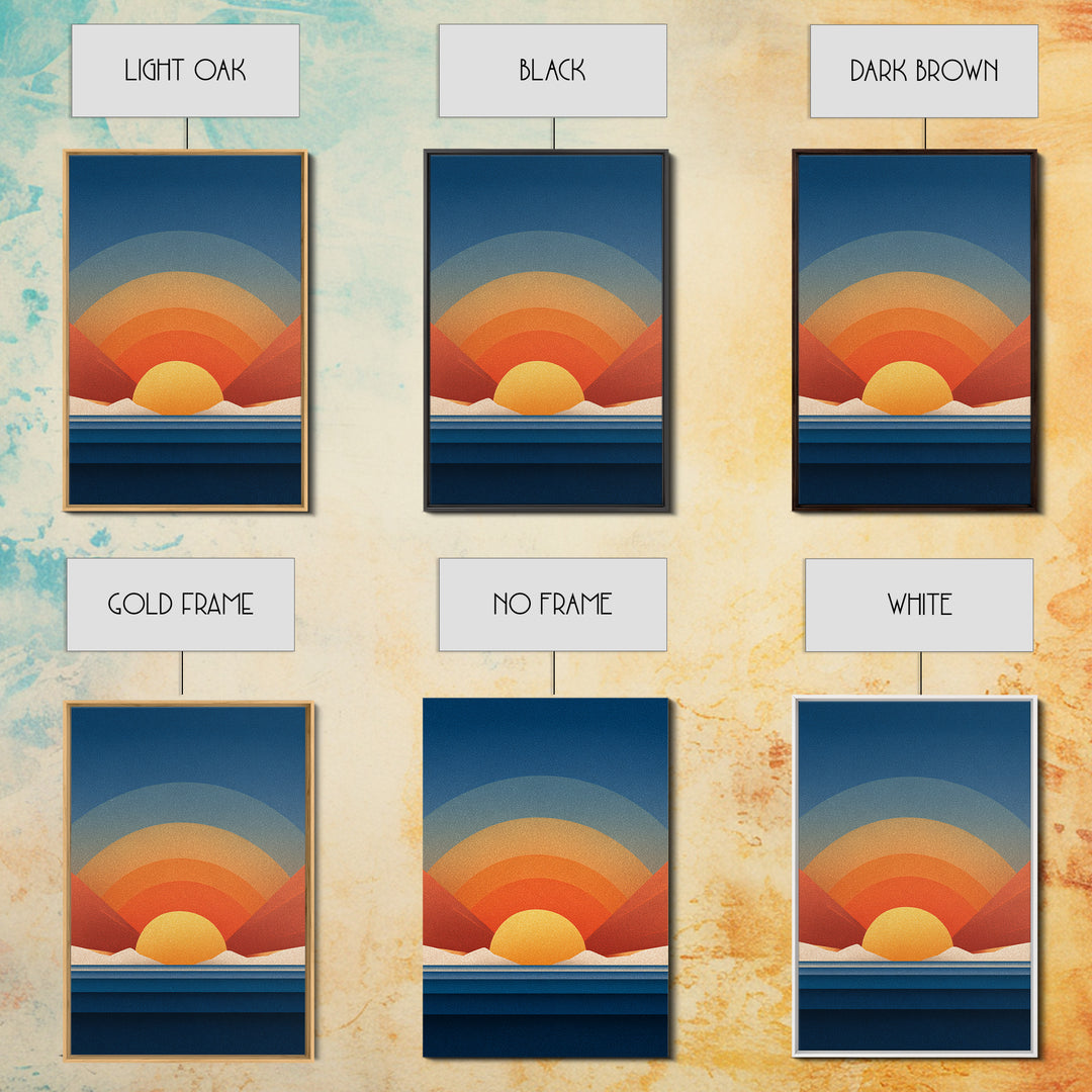 Geometric Desert Sunrise With Red Mountains Framed Canvas Print, Midcentury Modern Wall Art, Orange Blue Abstract Decor Poster
