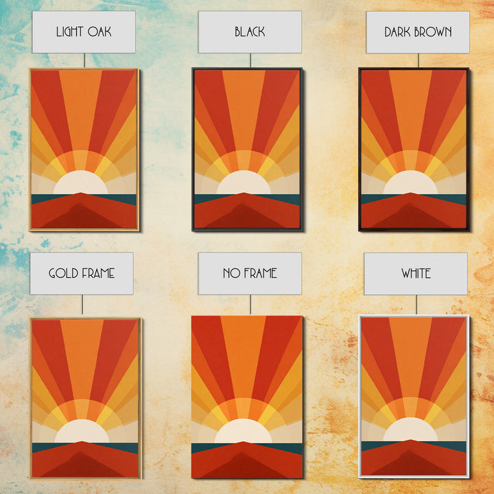 Bold Retro Sunrise Rays Over Ocean Road Canvas Print, 70s Wall Art Poster, Midcentury Modern Decor, Orange Sun Print Gift