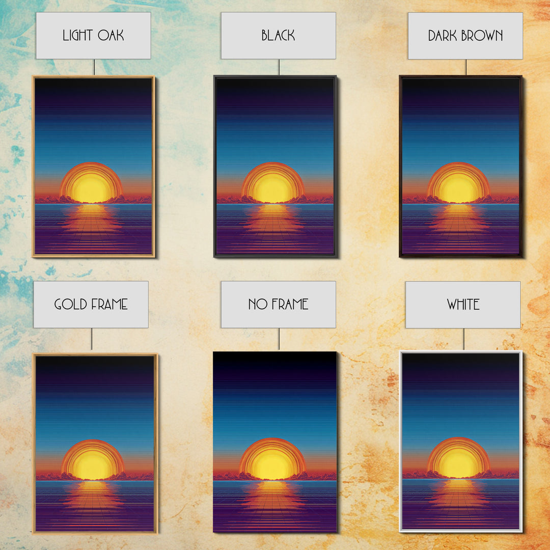 Neon Retro Sunset Over Ocean Grid Wall Art, Synthwave 80s Poster, Vaporwave Decor, Modern Digital Art, Blue Orange Print