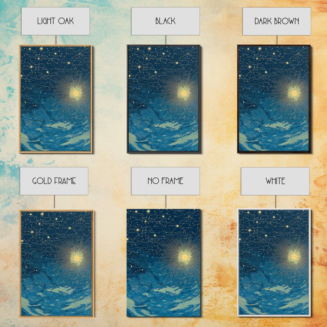 Blue Gold Celestial Starburst Canvas Print, Constellation Night Sky Wall Art, Space Abstract Art, Modern Poster, Spiritual Decor