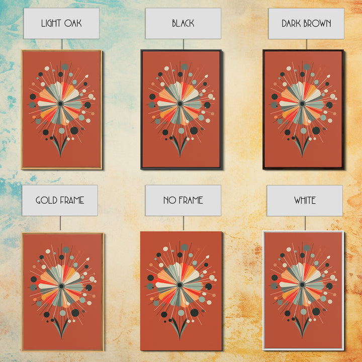 Rust Orange Atomic Flower Wall Art, Midcentury Modern Canvas Print, Geometric Retro Poster, MCM Living Room Decor Gift Idea