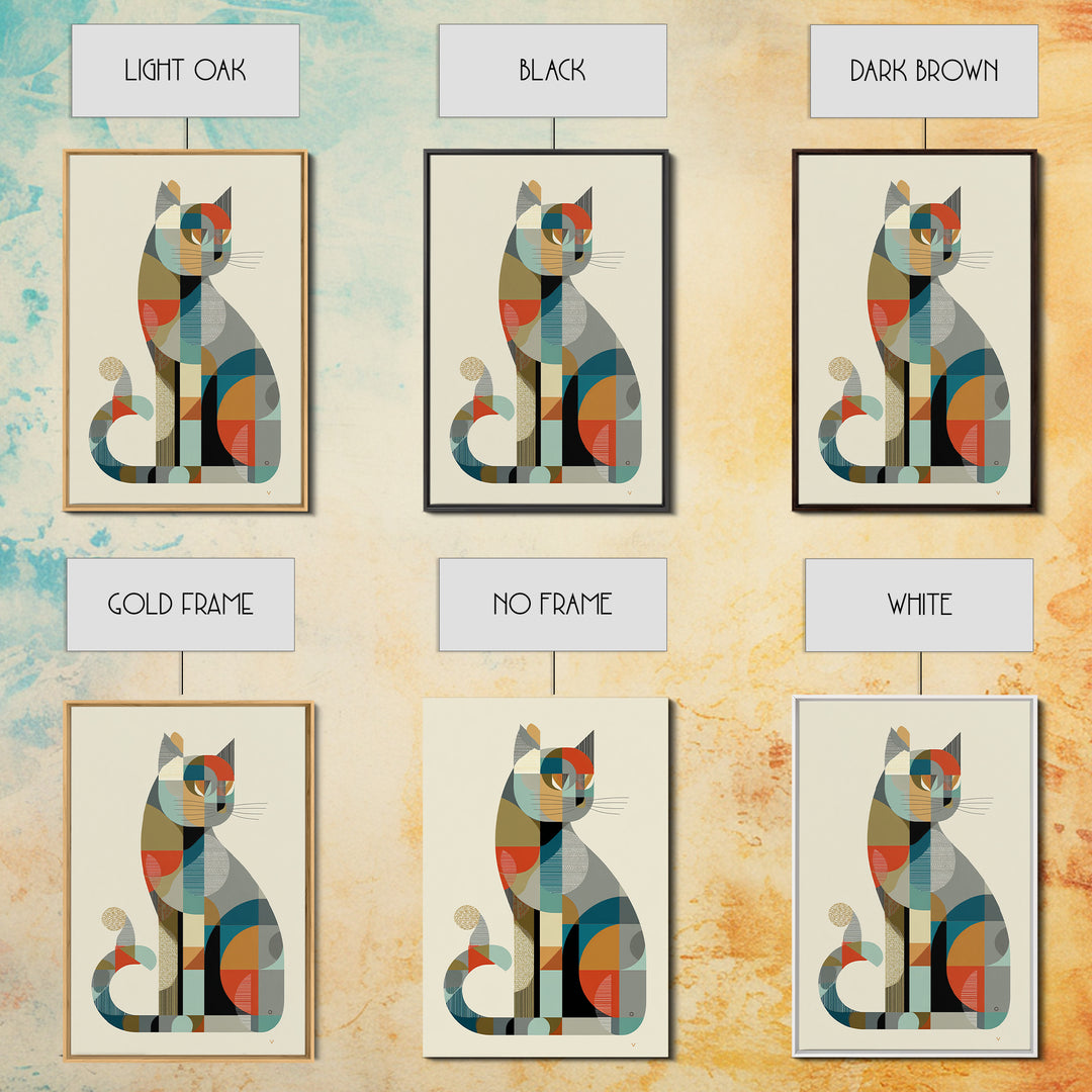 Minimalist Geometric Cat Framed Canvas Print, Midcentury Modern Animal Art, Bauhaus Poster, Neutral Scandinavian Decor Gift