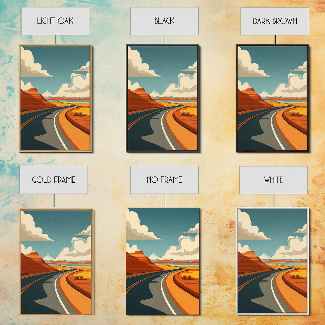 Winding Desert Highway With Red Mesas Wall Art, Mid Century Modern Travel Poster, Retro Southwest Road Trip Decor Print Gift