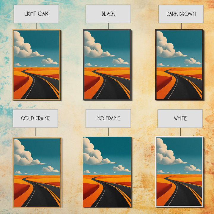 Curving Blacktop Across Orange Desert Canvas Print, Mid Century Modern Wall Art, Retro Road Trip Landscape Poster Home Decor