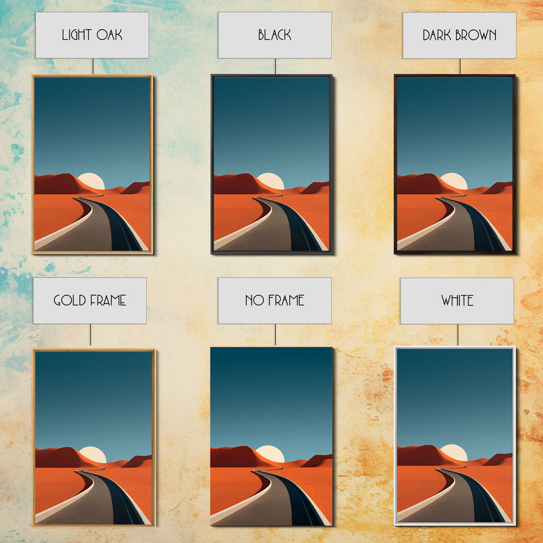 Minimal Desert Road With Low Sun Framed Canvas Print, Modern Abstract Wall Art, Midcentury Southwest Landscape Decor Poster