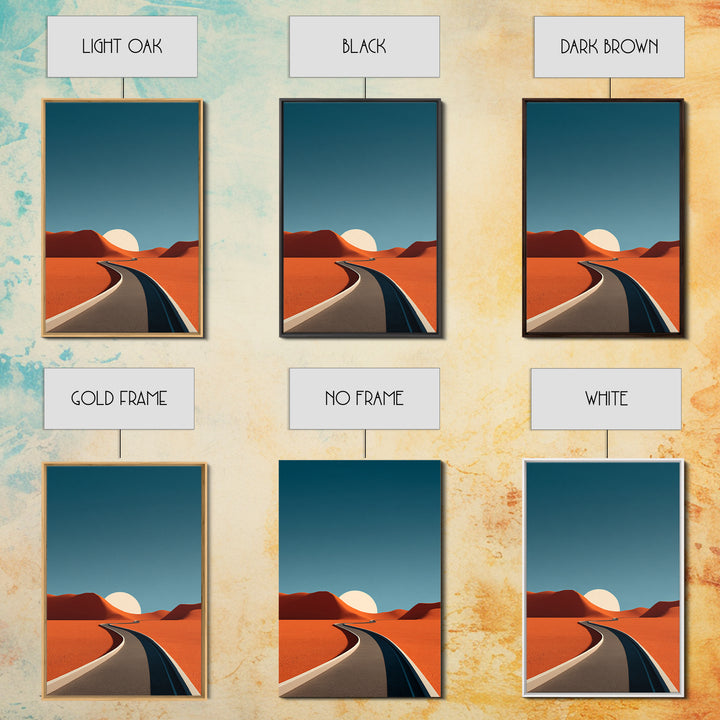 Minimal Desert Road With Low Sun Framed Canvas Print, Modern Abstract Wall Art, Midcentury Southwest Landscape Decor Poster
