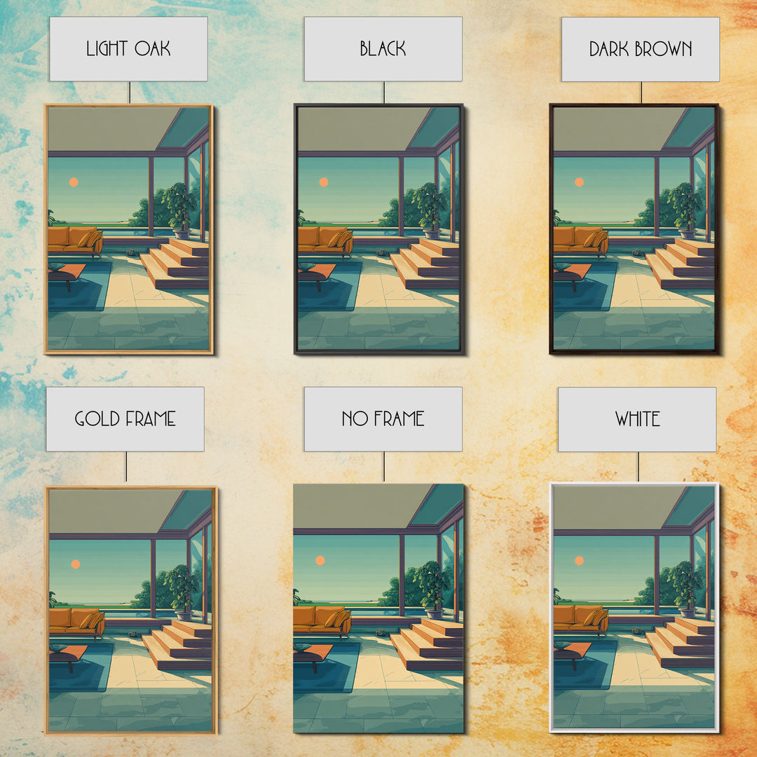 Orange Sofa Ocean View Living Room Canvas Print, Midcentury Modern Wall Art, Coastal Sunset Decor, Retro Home Office Poster