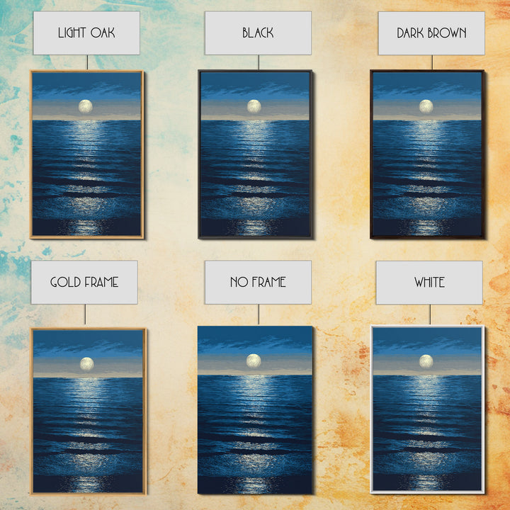 Moonlit Ocean Reflection Framed Canvas Print, Blue Wall Art, Modern Seascape Poster, Coastal Living Room And Bedroom Decor