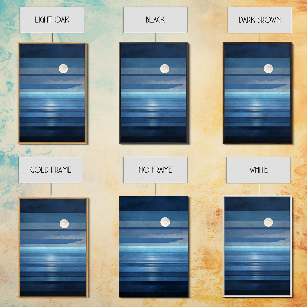 Minimalist Blue Moon Seascape Wall Art, Modern Abstract Ocean Print, Coastal Bedroom Decor, Large Canvas Print For Living Room