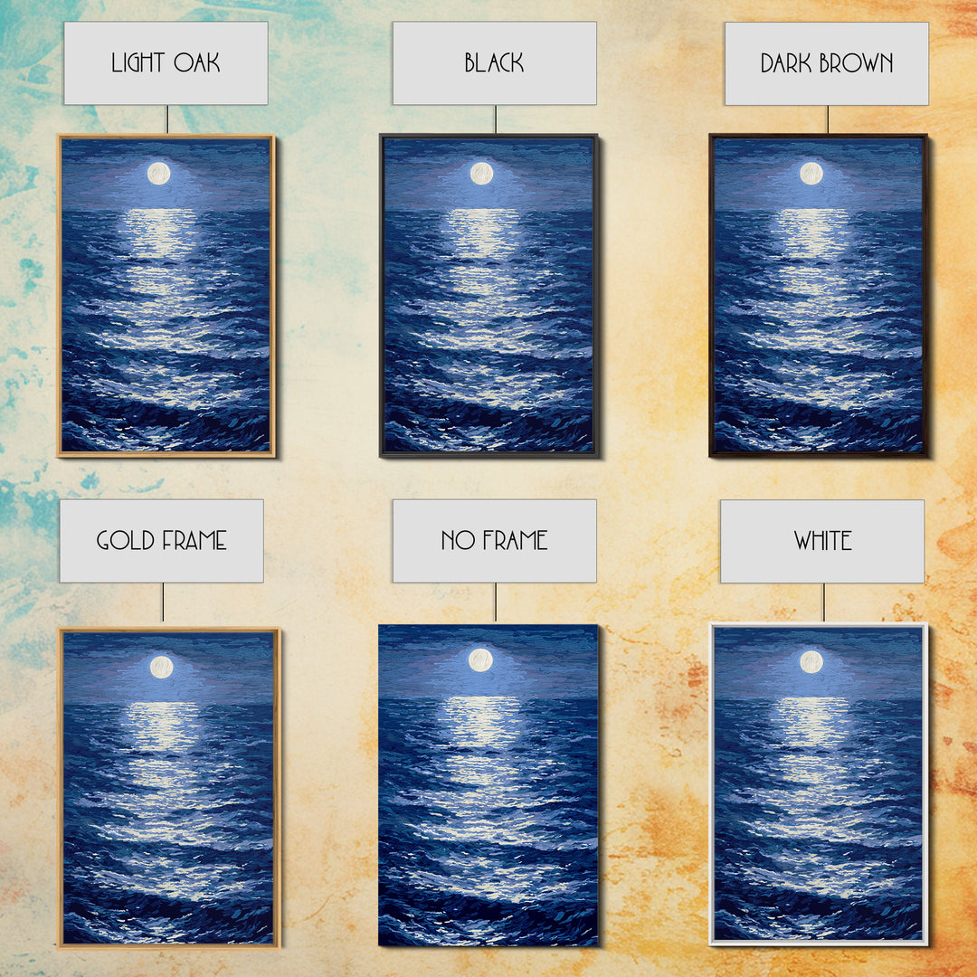 Textured Moonlit Waves Canvas Print, Blue Wall Art, Coastal Seascape Painting, Modern Living Room Decor, Ocean Art Print