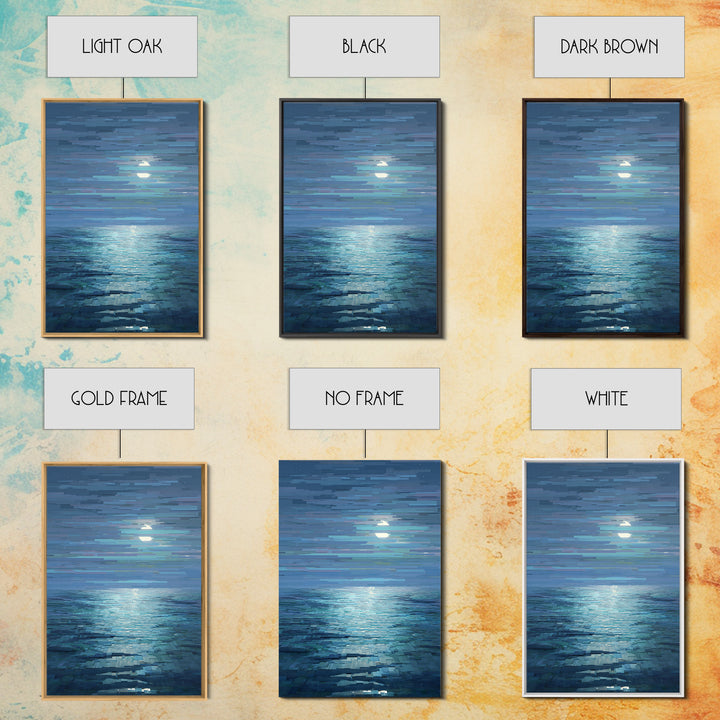 Pixelated Moon Over Calm Sea Wall Art, Modern Digital Art, Blue Coastal Canvas Print, Abstract Seascape Living Room Decor