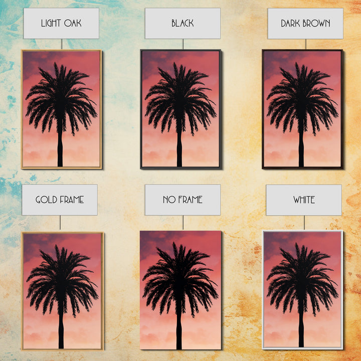 Cloudy Coral Palm Silhouette Sunset Canvas Print, Retro Tropical Wall Decor, Palm Springs Poster, Coastal Bedroom Art Print