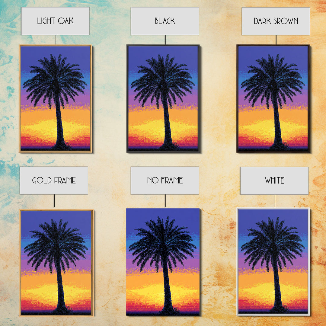 Pixel Palm Tree Against Blue Yellow Sunset Wall Art, Retro Digital Poster, Tropical MCM Wall Decor, Colorful Coastal Print