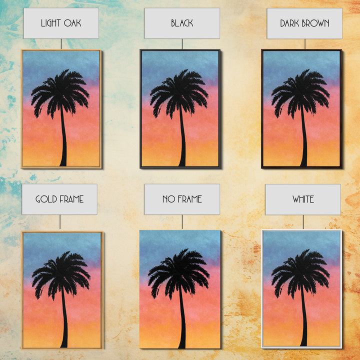 Textured Palm Silhouette With Coral Blue Sky Canvas Print, Retro Tropical Wall Decor, Palm Springs Style, Coastal Art Print