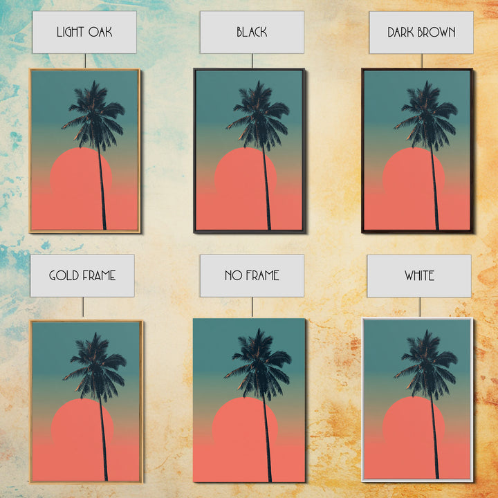 Minimal Palm Tree With Coral Sun Canvas Print, Retro Tropical Poster, Palm Springs Decor, Mid Century Modern Wall Art Print