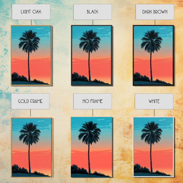 Tall Palm Silhouette In Turquoise Coral Sunset Wall Art, Retro Tropical Poster, Palm Springs Decor, Coastal Home Art Print