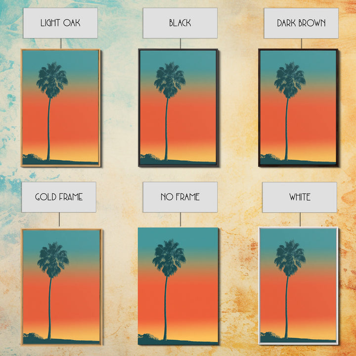 Lone Palm Tree On Orange Teal Horizon Canvas Print, Minimal Retro Tropical Poster, Palm Springs Decor, Coastal Wall Art Print
