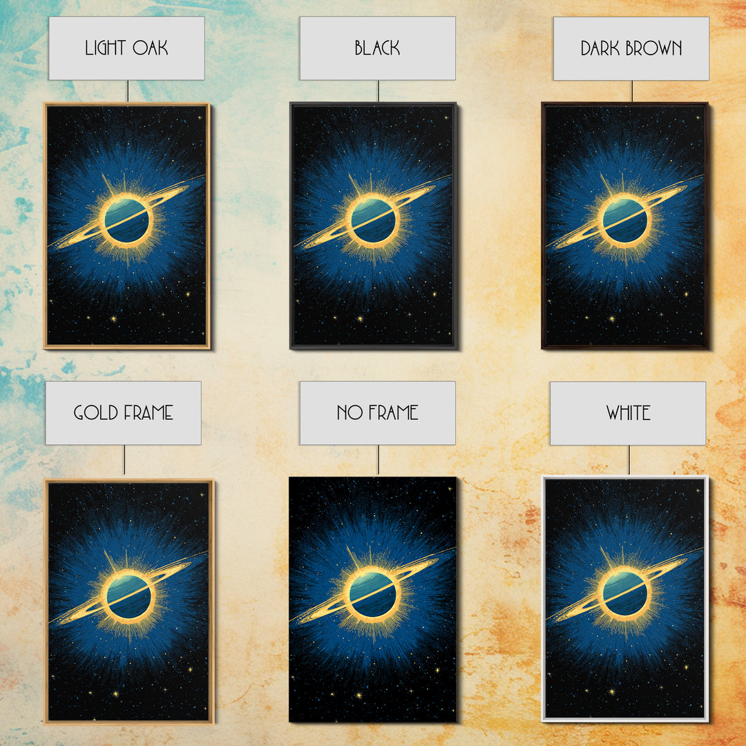 Blue Saturn Eclipse Burst Canvas Print, Retro Sci Fi Space Poster, Modern Wall Art, Midcentury Cosmic Decor, Galaxy Gift