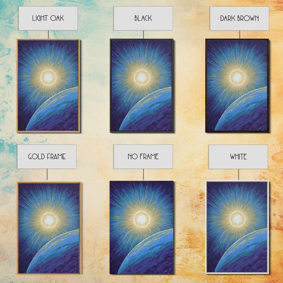 Radiant Sun Above Blue Planet Canvas Print, Retro Sci Fi Space Poster, Modern Wall Art, Midcentury Cosmic Home Decor Gift