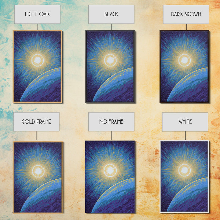 Radiant Sun Above Blue Planet Canvas Print, Retro Sci Fi Space Poster, Modern Wall Art, Midcentury Cosmic Home Decor Gift