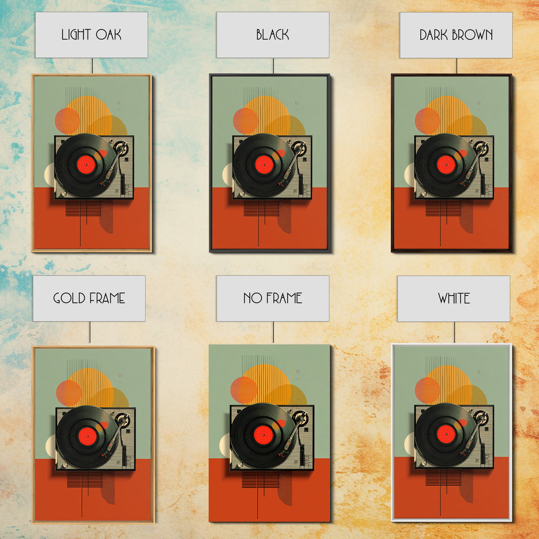 Retro Turntable Sun Shapes Framed Canvas Print, Midcentury Modern Wall Art, Orange Green Music Room Decor Poster For Vinyl Lovers