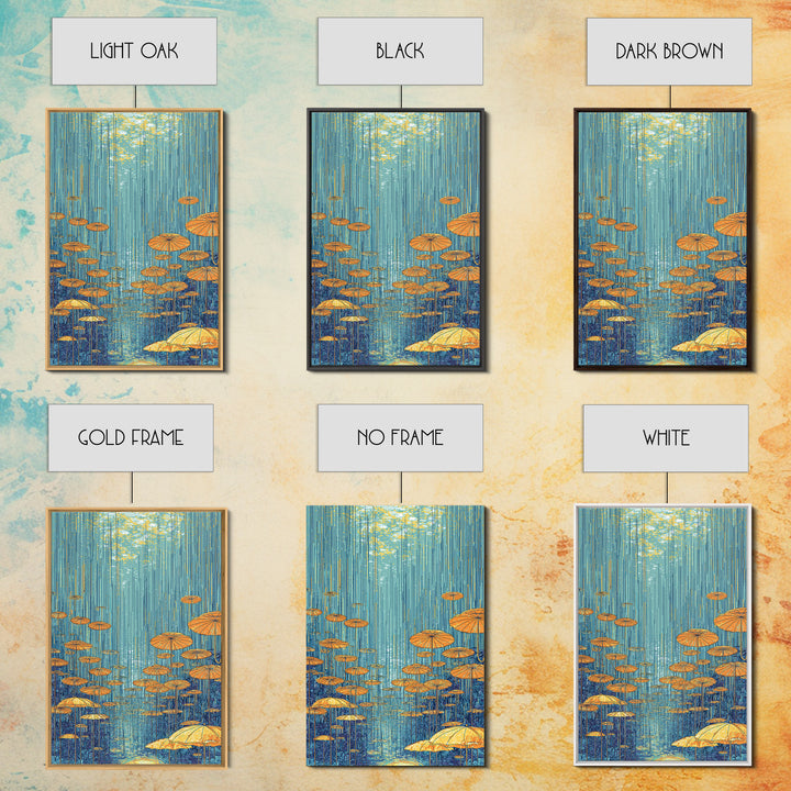 Golden Parasol Mushrooms In Blue Rain Canvas Print, Midcentury Modern Wall Art, Retro Botanical Decor, Colorful Nature Poster