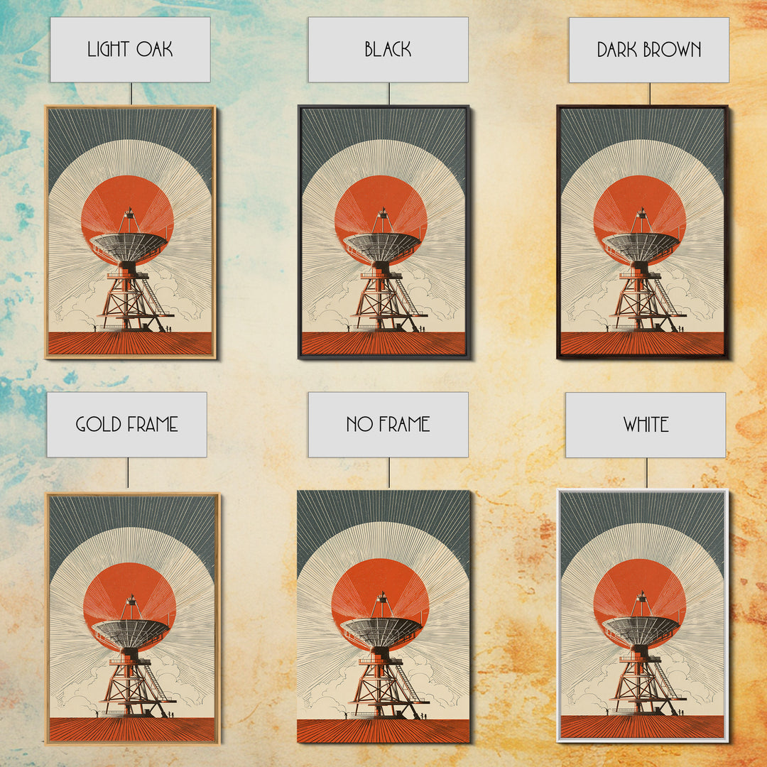 Orange Eclipse Radio Telescope In Desert Wall Art, Midcentury Modern Space Poster, Retro Futurism Decor, Geometric Art Print