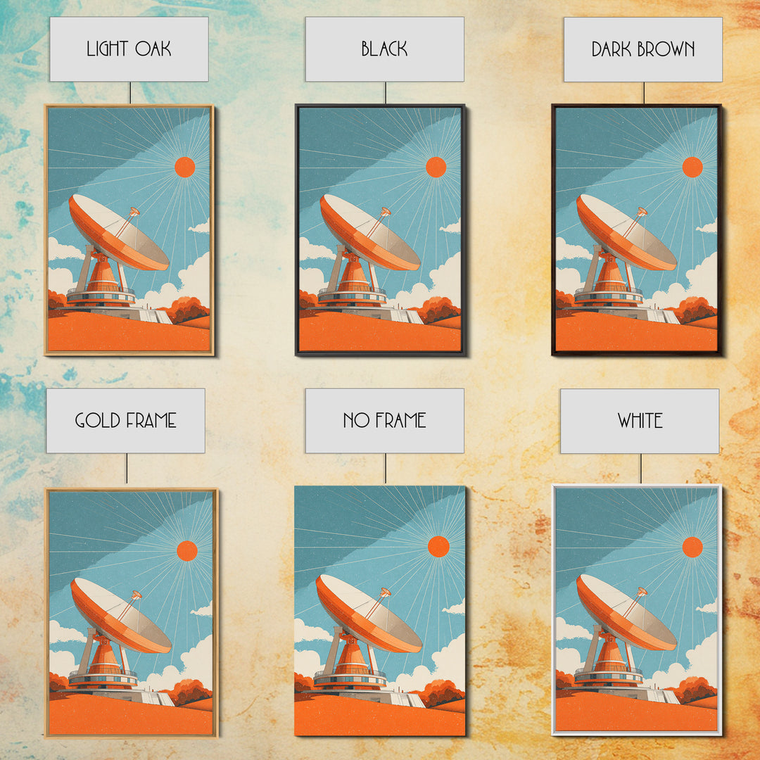 Orange Satellite Dish Under Blue Sun Canvas Print, Midcentury Modern Wall Art, Retro Space Poster, Atomic Mcm Office Decor