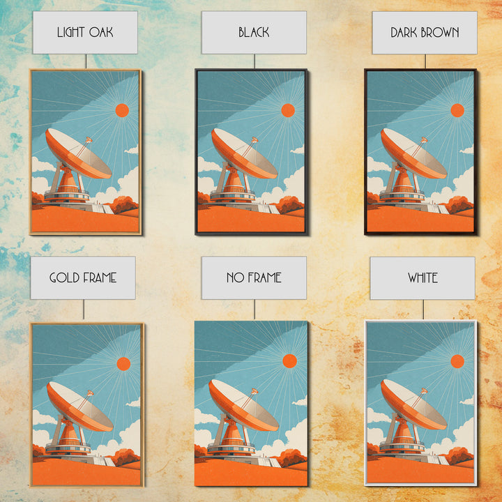 Orange Satellite Dish Under Blue Sun Canvas Print, Midcentury Modern Wall Art, Retro Space Poster, Atomic Mcm Office Decor