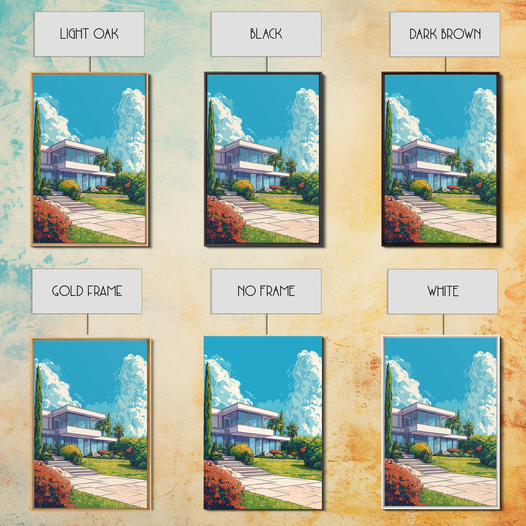 Palm Springs Modernist House Canvas Print, Mid Century Architecture Wall Decor, Retro Travel Poster, Colorful MCM Home Art