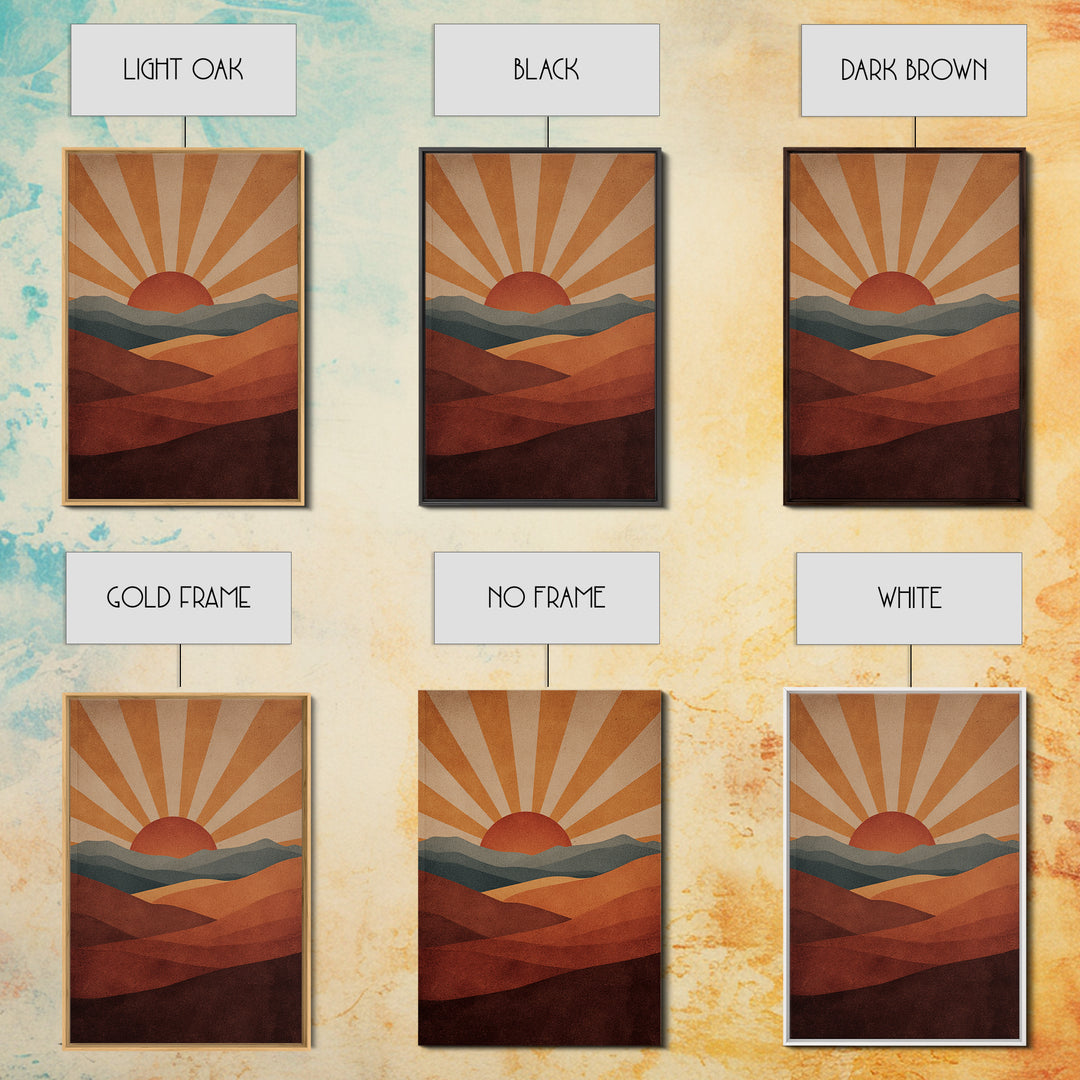 Retro Desert Sunrise Wall Art, Mid Century Sun Poster, Burnt Orange Landscape Print, Southwestern Decor, Boho MCM Art Gift