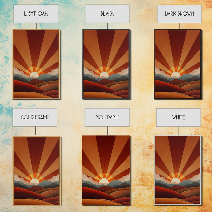 Burnt Orange Sunrise Wall Art, Retro Mountain Landscape Poster, Mid Century Sun Print, Warm Desert Decor, Boho MCM Art Gift