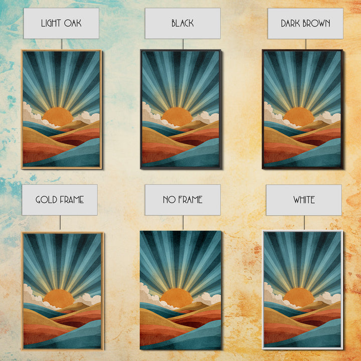 Teal Orange Sunrise Canvas Print, Retro Desert Mountain Wall Decor, Mid Century Sun Art, Boho Abstract Landscape Poster Print