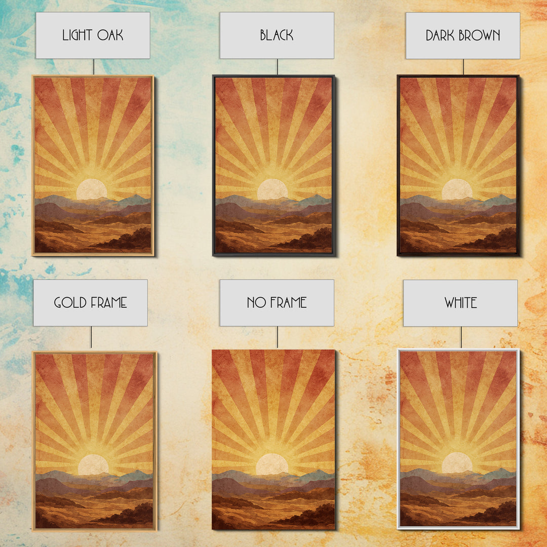 Radiant Desert Sunrise Mountains Wall Art, Mid Century Modern Poster, Retro Orange Landscape Print, Southwestern Living Room Decor