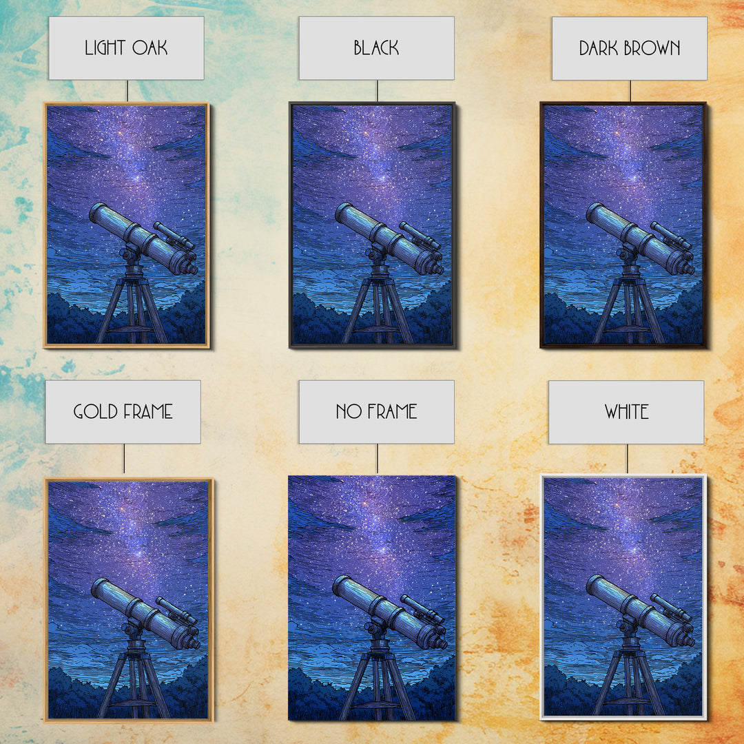 Blue Starry Telescope Wall Art, Mid Century Modern Space Poster, Astronomy Print, Night Sky Decor For Office And Dorm Room
