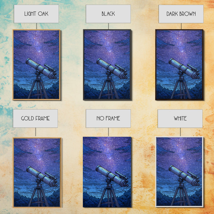 Blue Starry Telescope Wall Art, Mid Century Modern Space Poster, Astronomy Print, Night Sky Decor For Office And Dorm Room