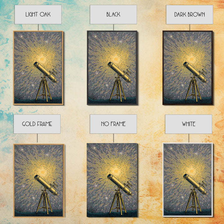 Golden Starburst Telescope Canvas Print, Mid Century Modern Astronomy Poster, Retro Space Wall Decor, Statement Office Art